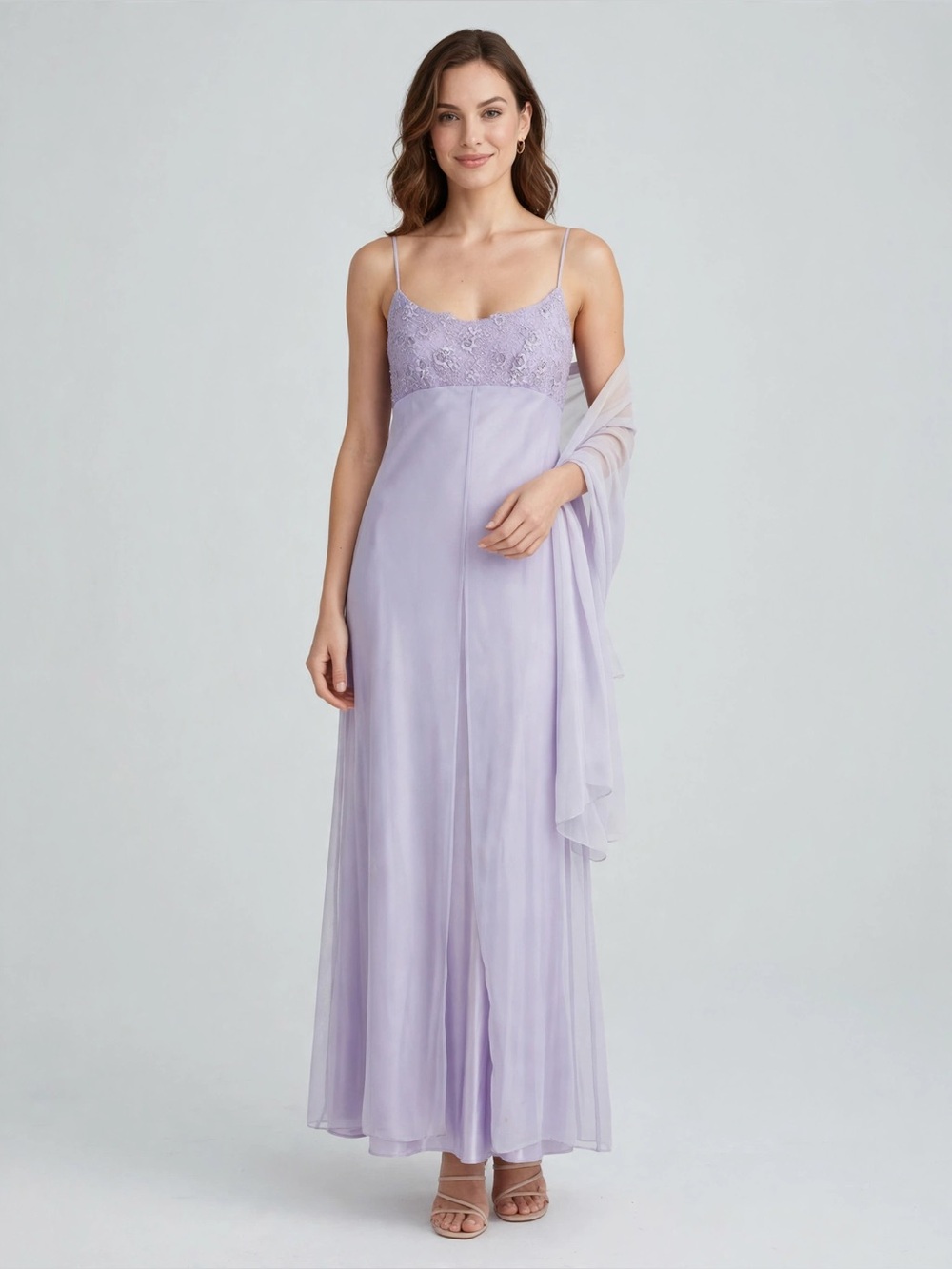 Lilac spaghetti strap bridesmaid dress with scarf